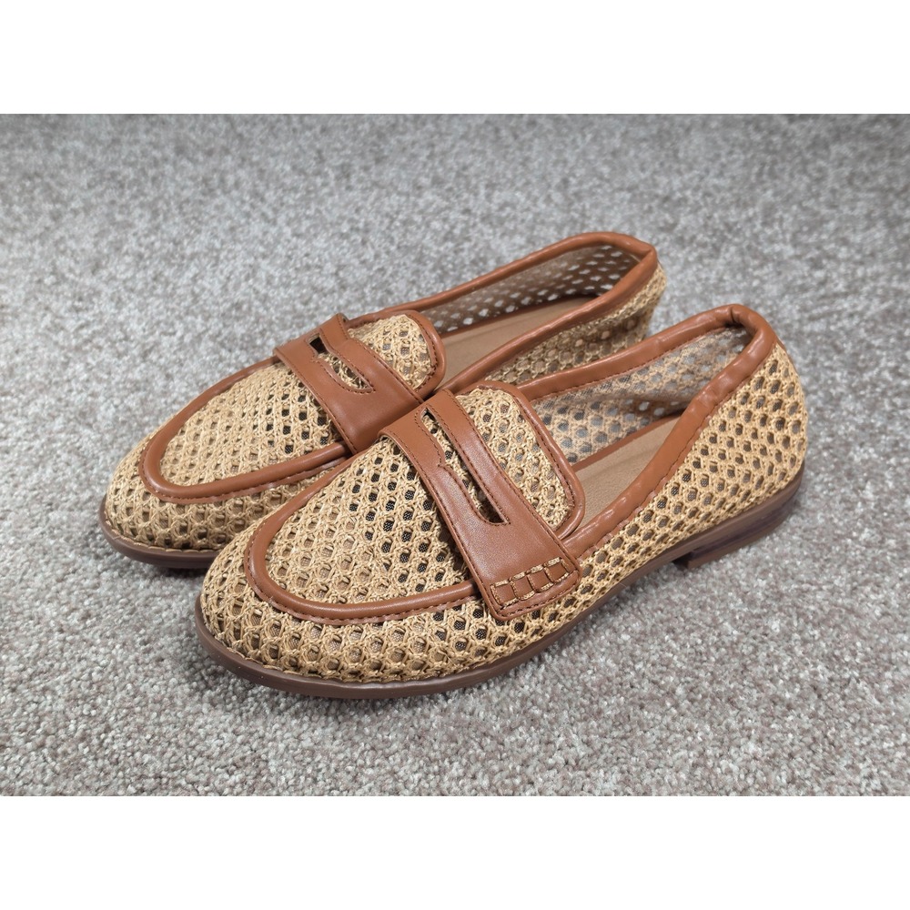 Universal Thread Womens Tan Mesh Woven Penny Loafers Brown Trim Size 7 Slip On